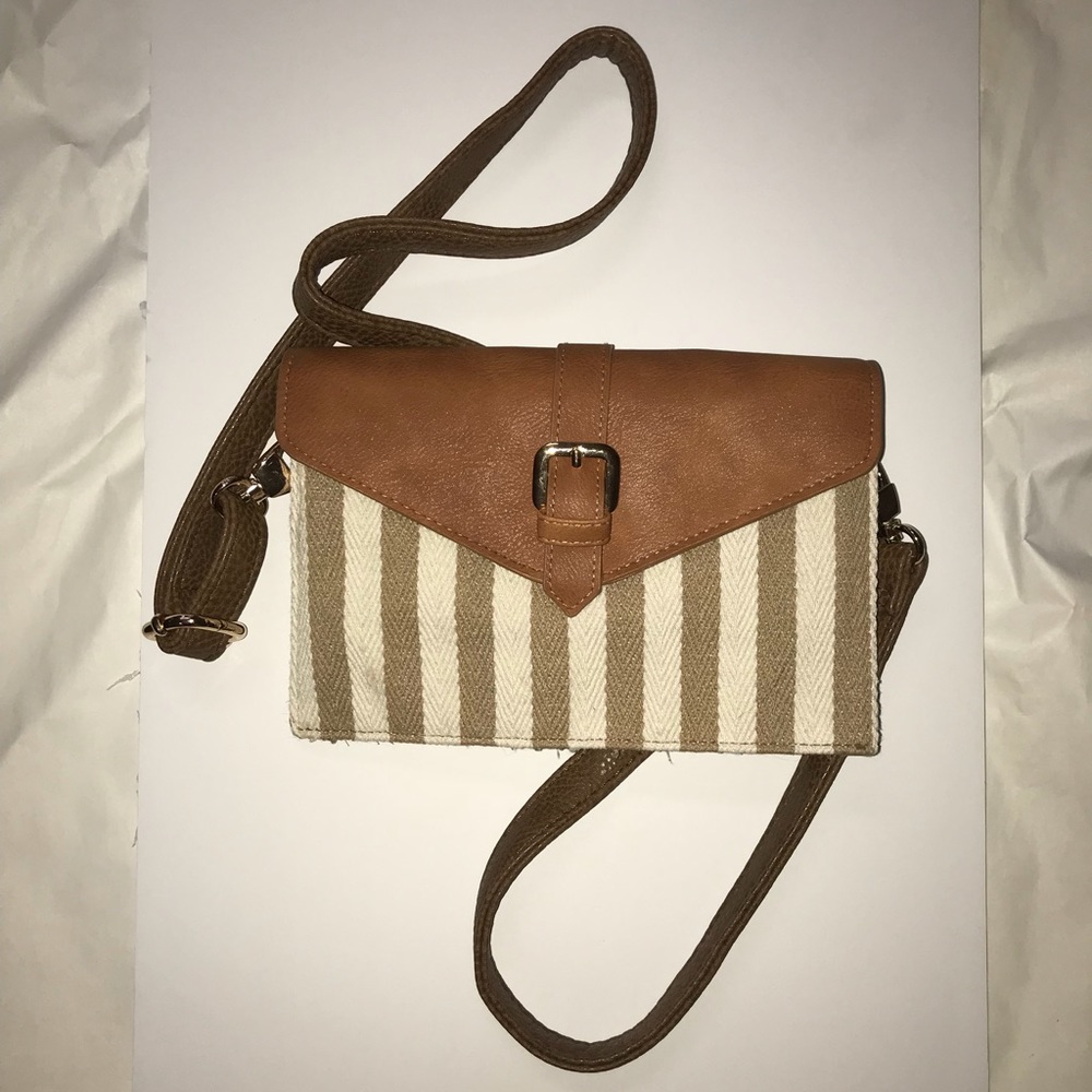 Small White & Tan Striped Crossbody Purse - Picture 1 of 4